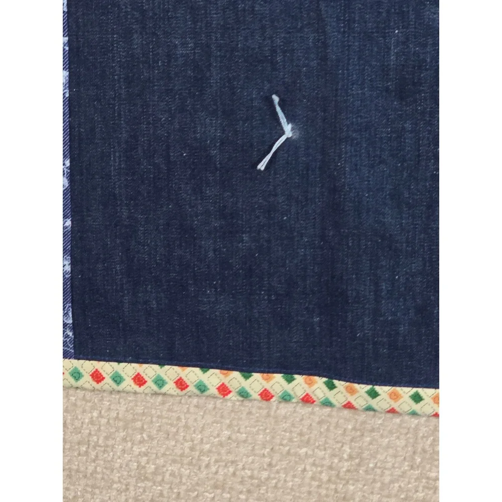 Vintage Hand Tied Denim Quilt Throw Multi Texture Patchwork Red Corduroy 41.5x58
